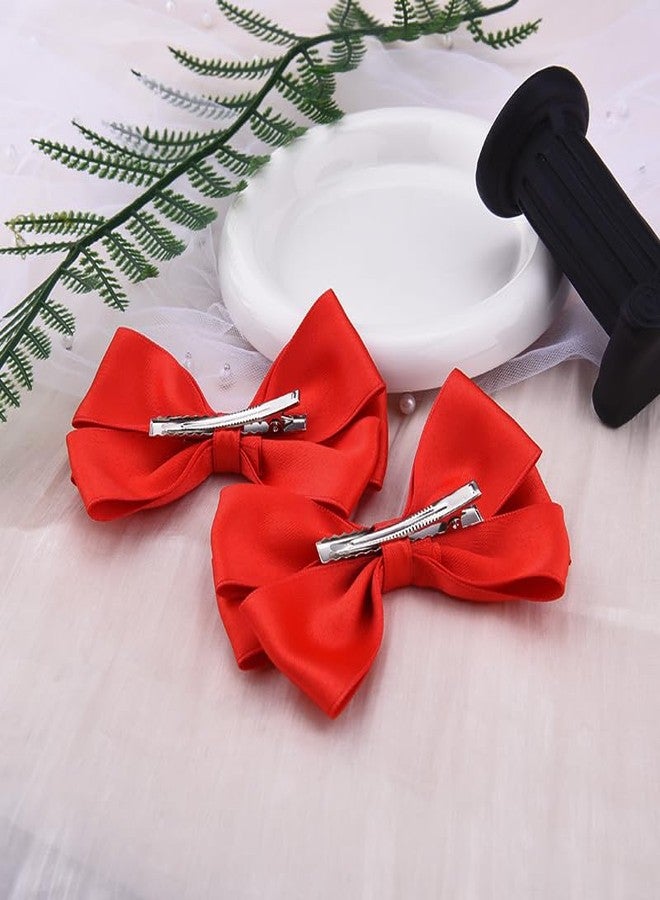 Kefley Silky Satin Bow Hair Clips for Women Girls Red Hair Bows Alligator Clips for Girls Hair Small Cute Ribbon Bow Bowknot Barrettes Hairpins for Birthday Party Christmas Bows 2 PCS - Image 2